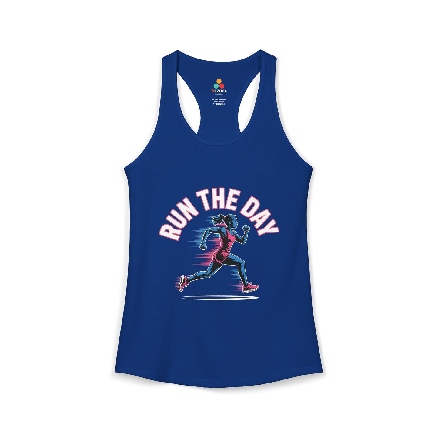 TEEZOCA women’s tank top featuring a powerful female runner illustration and active lifestyle design