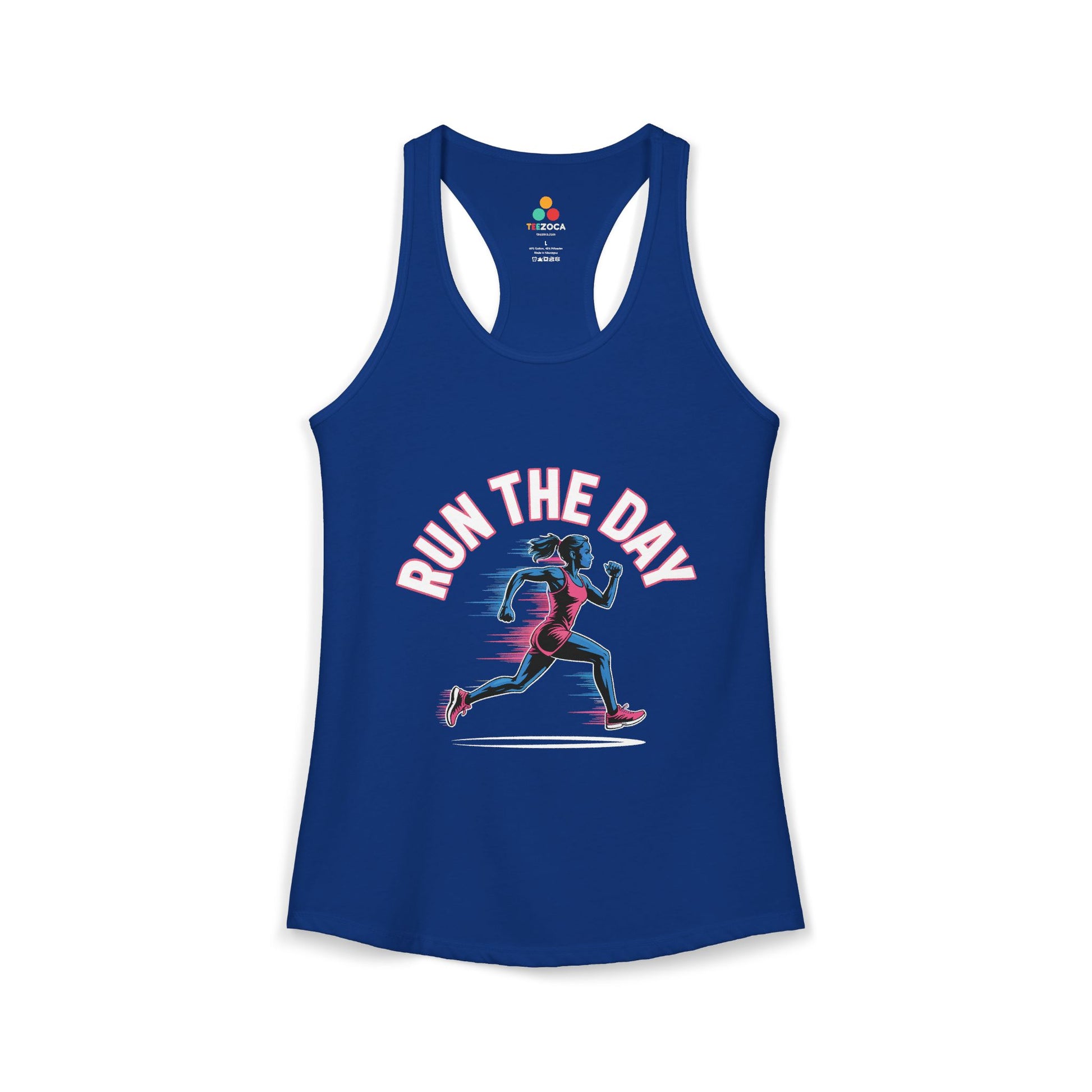 TEEZOCA women’s tank top featuring a powerful female runner illustration and active lifestyle design