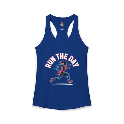 TEEZOCA women’s tank top featuring a powerful female runner illustration and active lifestyle design