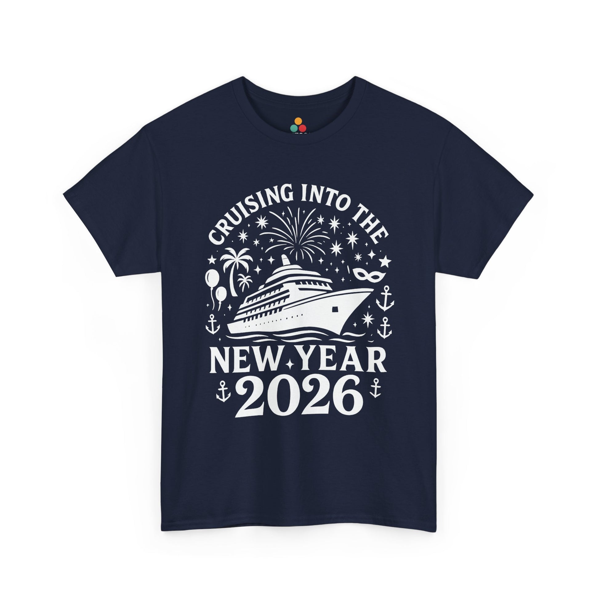 Navy blue t-shirt with white graphic and text 'Cruising into the New Year 2026' on a white background