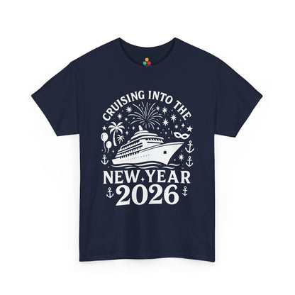 Navy blue t-shirt with white graphic and text 'Cruising into the New Year 2026' on a white background