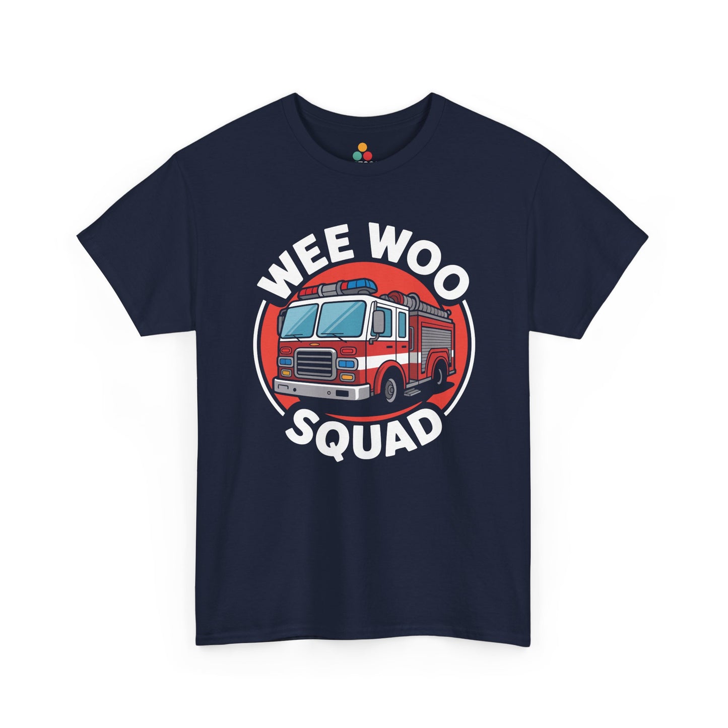 “Teezoca Wee Woo Squad shirt, red fire truck graphic with siren lights, navy blue tee, flat front display.”

