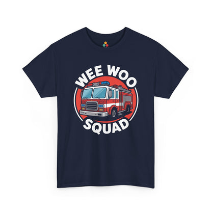 “Teezoca Wee Woo Squad shirt, red fire truck graphic with siren lights, navy blue tee, flat front display.”

