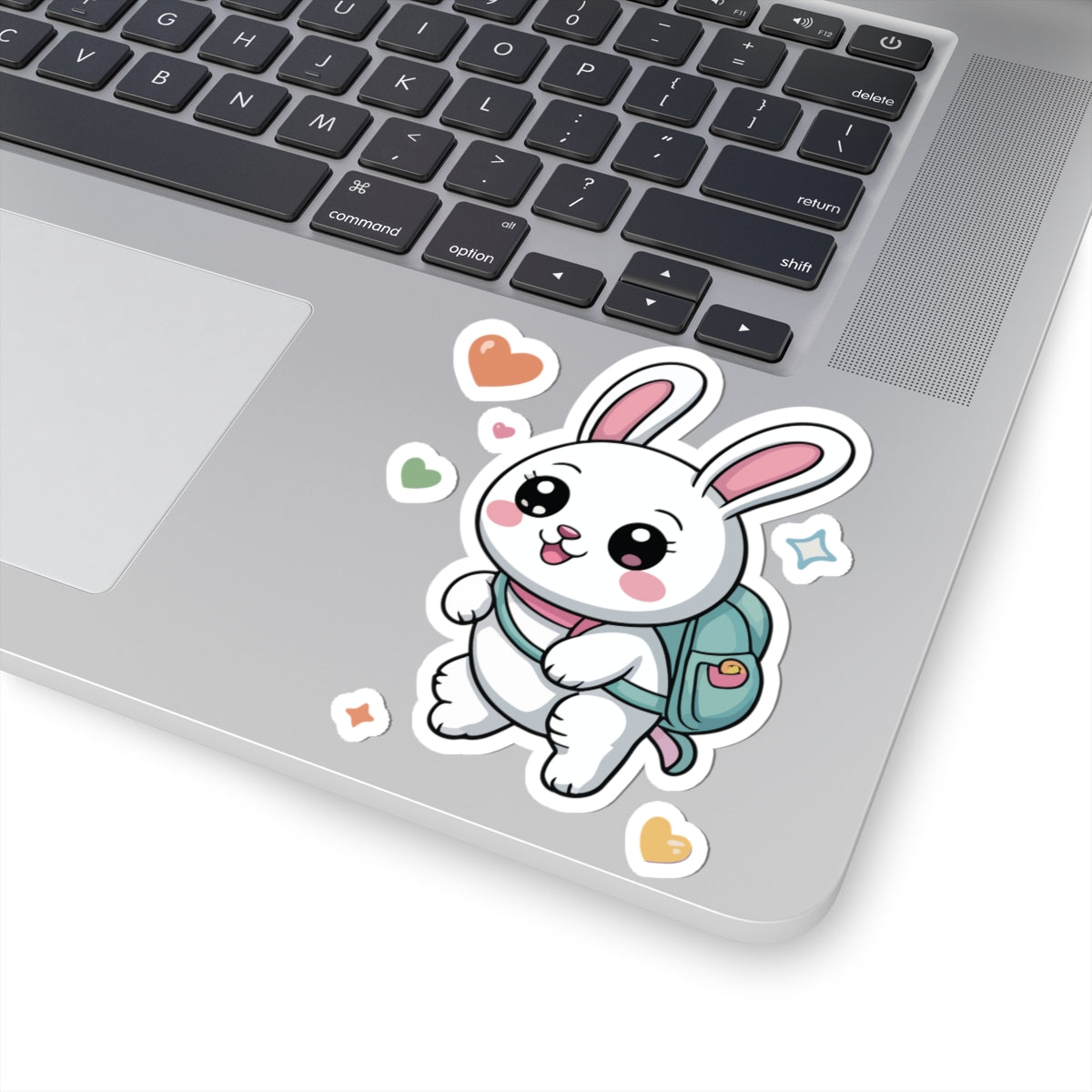TEEZOCA cute backpack bunny sticker showing a kawaii white rabbit with pastel school bag