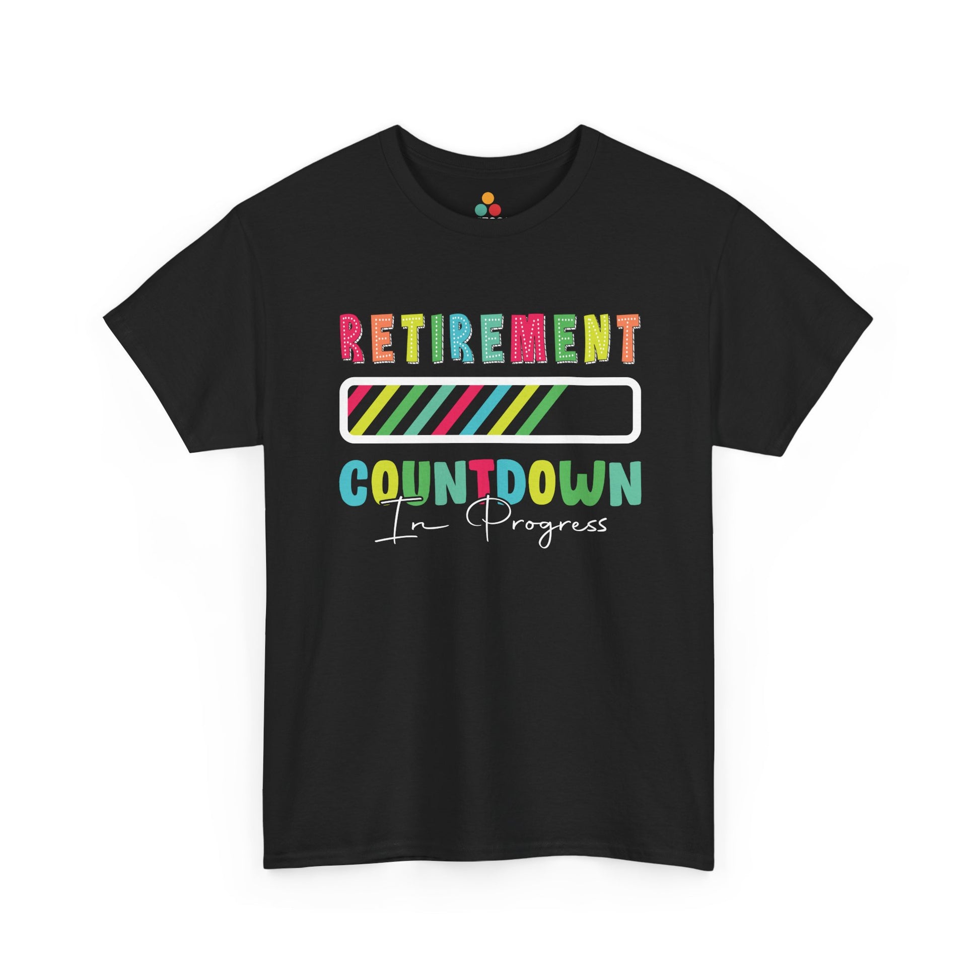 “Teezoca Retirement Countdown In Progress shirt, colorful letters and striped progress bar on black tee, front view.”
