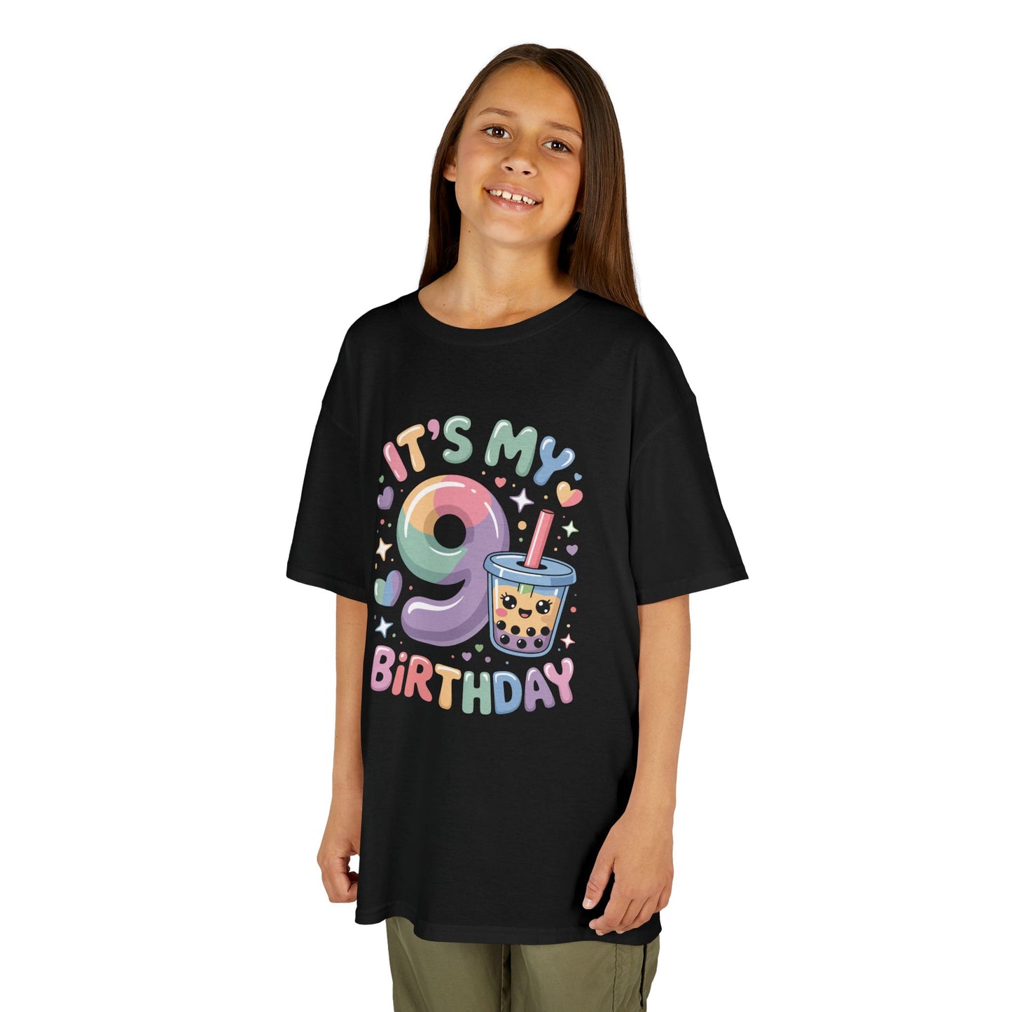 "Girl wearing black 'It's My 9th Birthday' boba tea shirt, pastel 9 and bubble tea graphic, front view."

