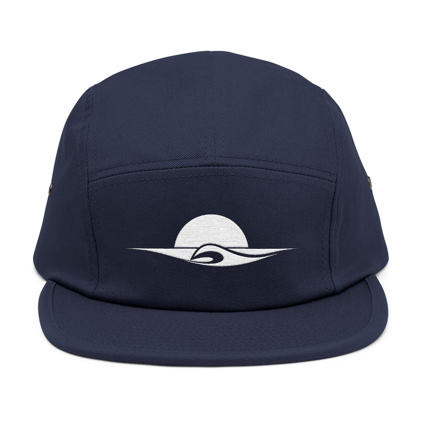 Navy blue cap with a white logo on a white background. Minimal sunset and wave outline embroidered on a 5-panel cap by TEEZOCA
