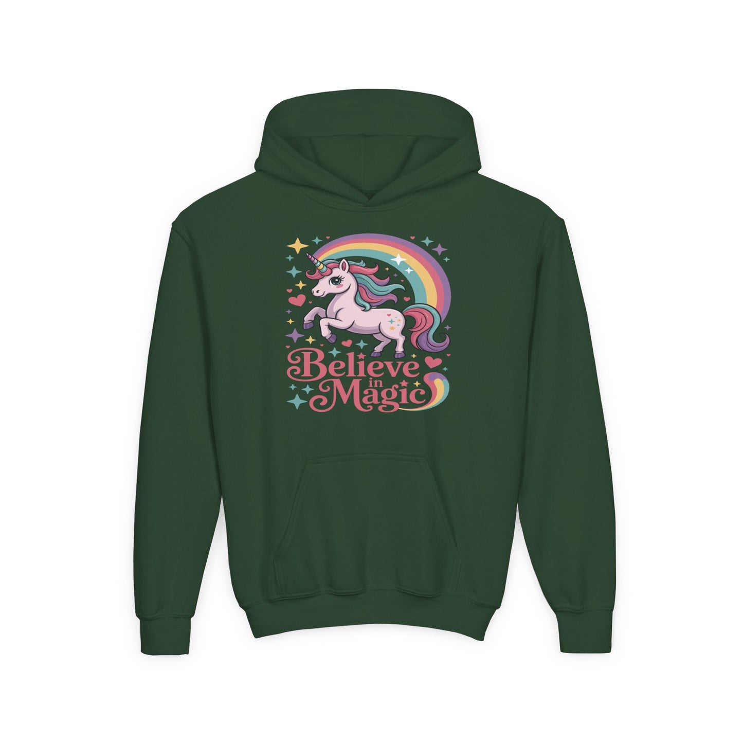 Youth Unicorn Hoodie - "Believe in Magic" Rainbow Pullover TEEZOCA