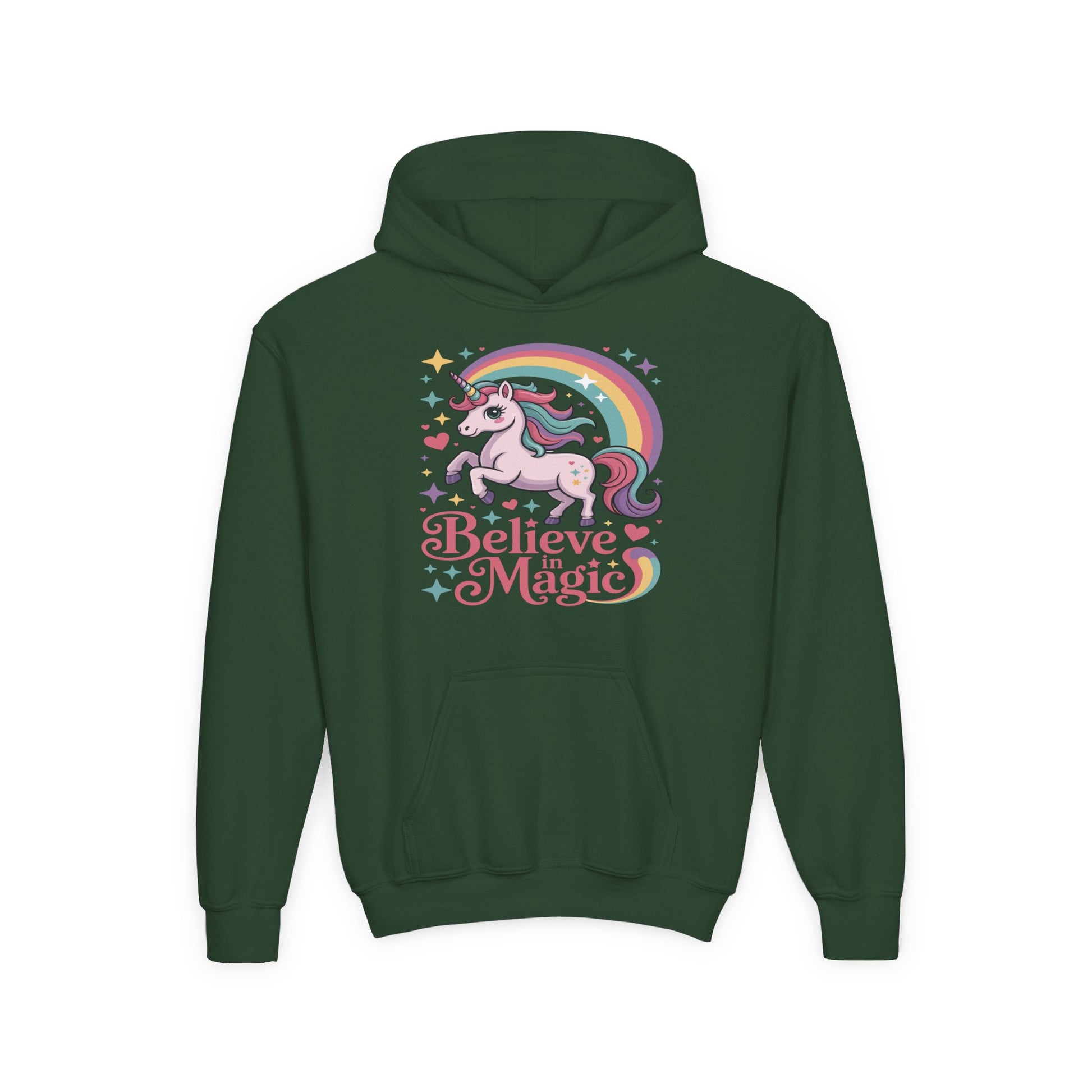 Youth Unicorn Hoodie - "Believe in Magic" Rainbow Pullover TEEZOCA
