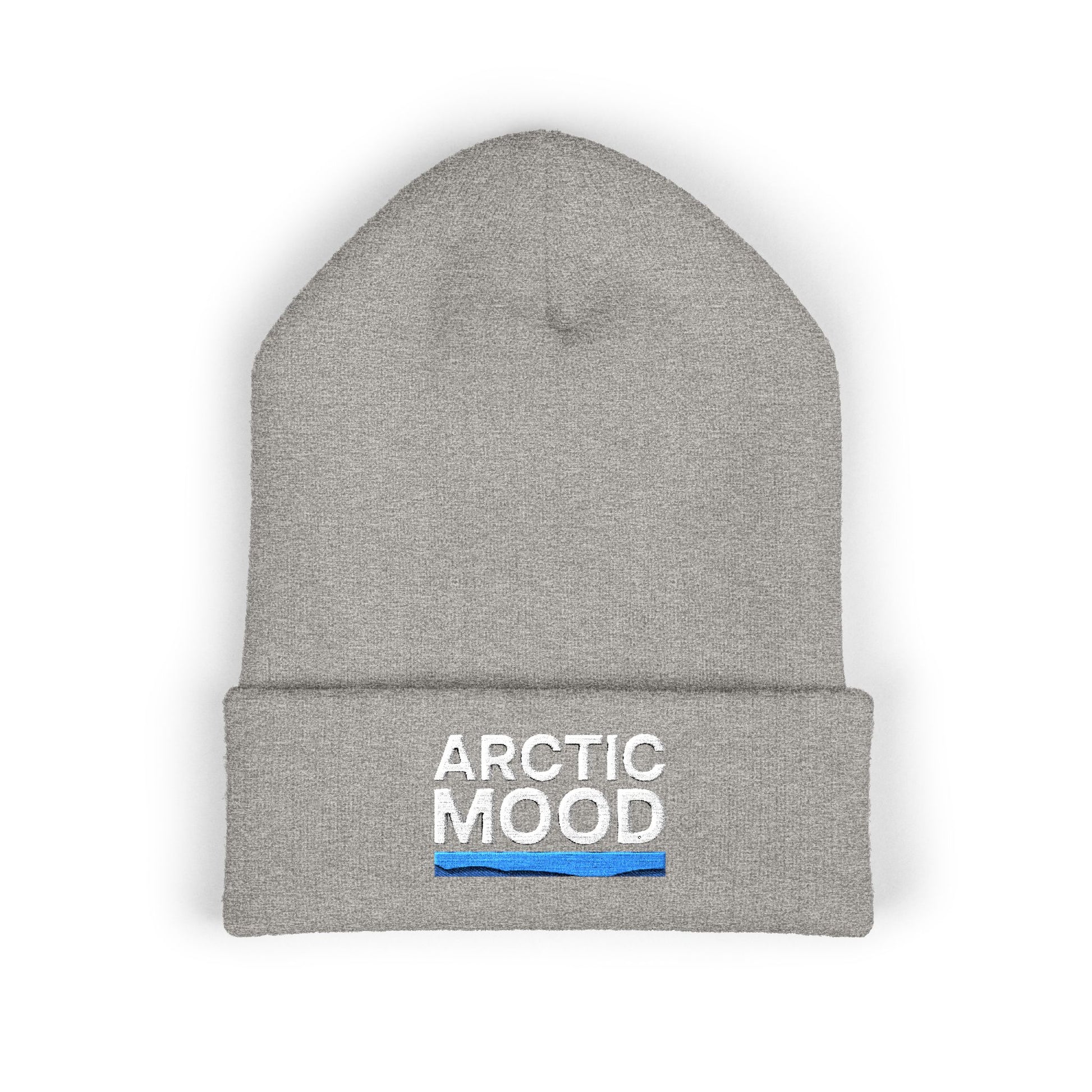 Gray beanie with 'Arctic Mood' text on a white background
