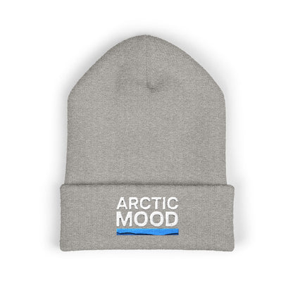 Gray beanie with 'Arctic Mood' text on a white background