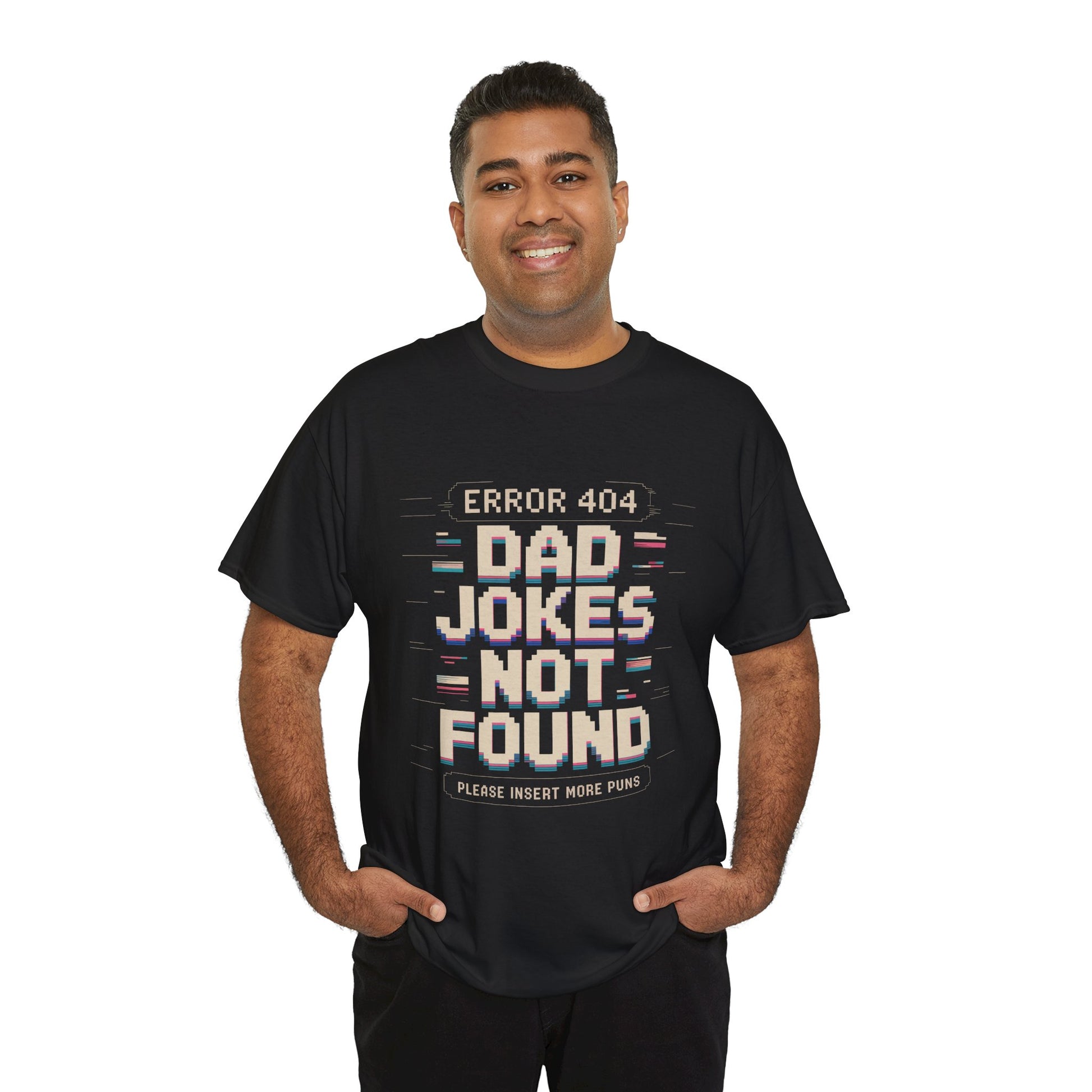 Smiling man wearing a black TEEZOCA “Error 404 Dad Jokes Not Found” funny dad T‑shirt.
