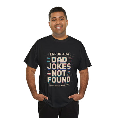 Smiling man wearing a black TEEZOCA “Error 404 Dad Jokes Not Found” funny dad T‑shirt.