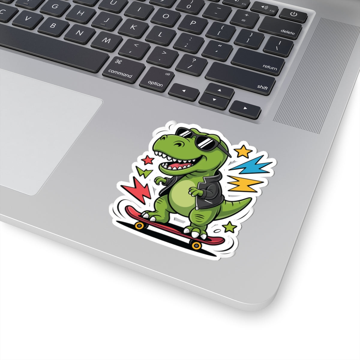 TEEZOCA cartoon dinosaur skateboarding sticker with sunglasses and jacket