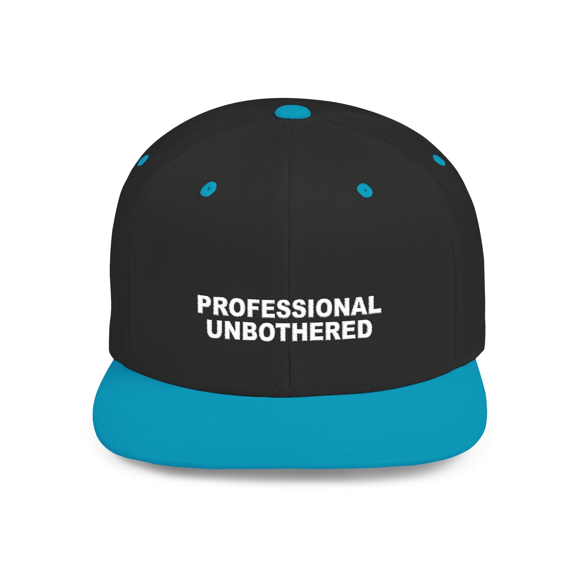 Black and blue cap with 'PROFESSIONAL UNBOtherED' text on a white background