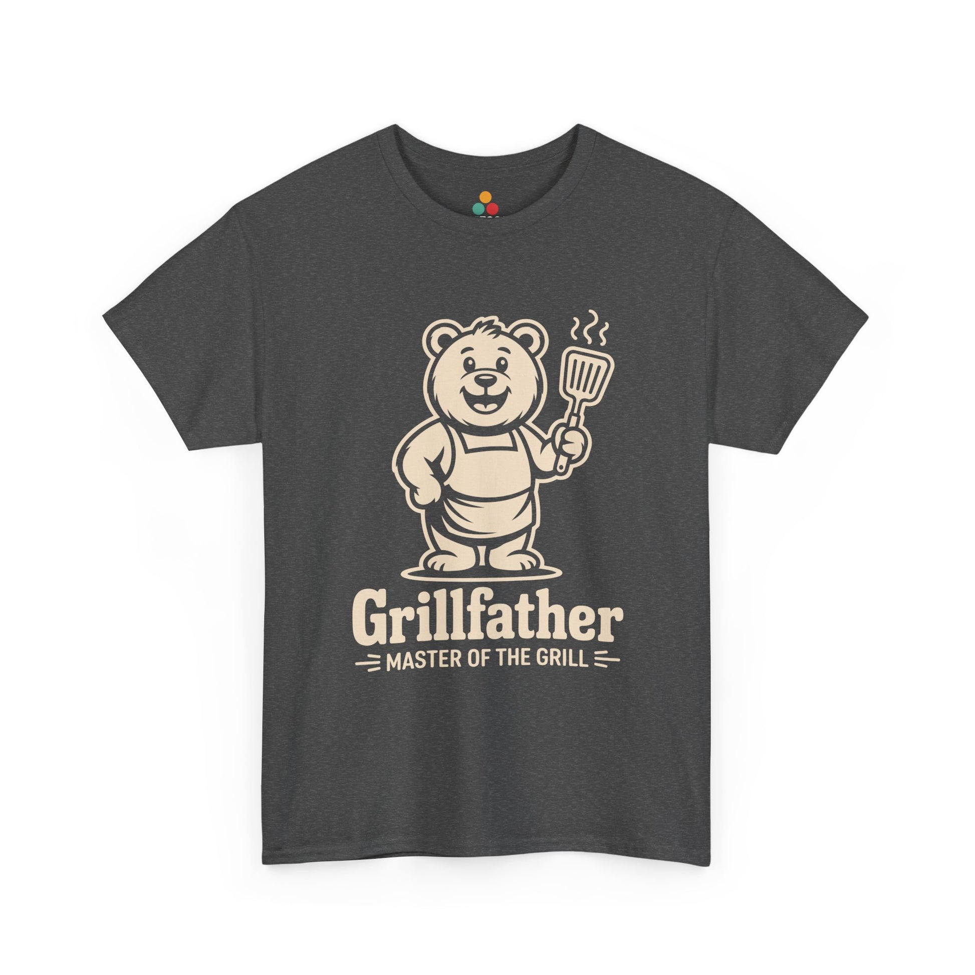 TEEZOCA dark gray “Grillfather Master Of The Grill” funny grill bear T‑shirt displayed flat.