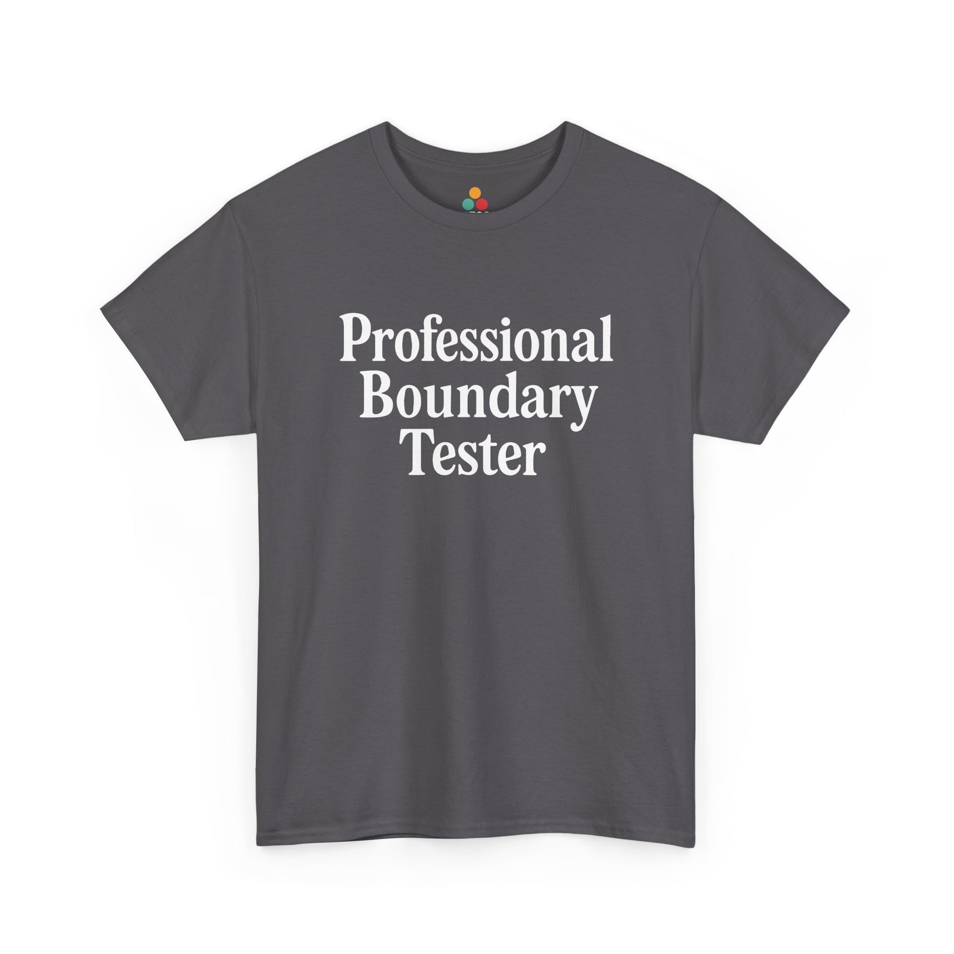 Gray t-shirt with 'Professional Boundary Tester' text on a white background