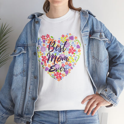 Woman wearing a white TEEZOCA “Best Mom Ever” flower heart tee styled with a denim jacket.