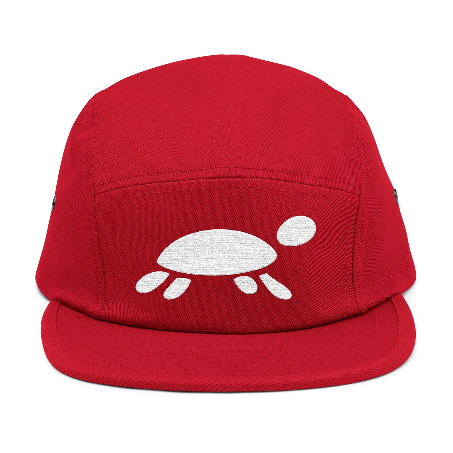 Red cap with a white turtle design on a white background. Minimalist turtle outline embroidery design for 5-panel caps by TEEZOCA