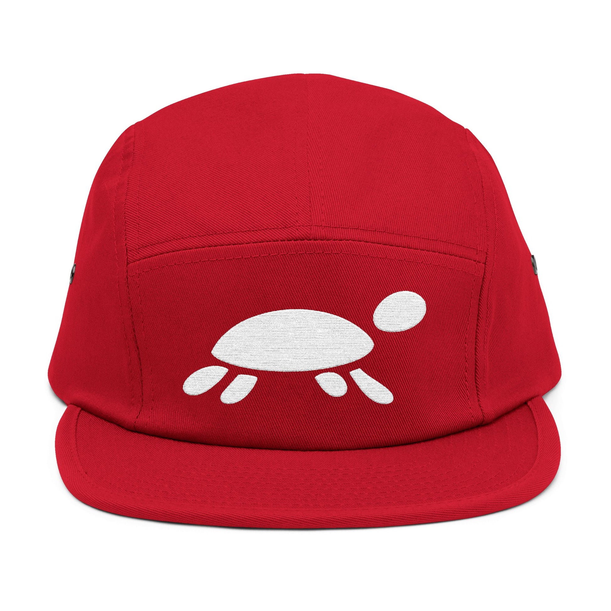 Red cap with a white turtle design on a white background. Minimalist turtle outline embroidery design for 5-panel caps by TEEZOCA