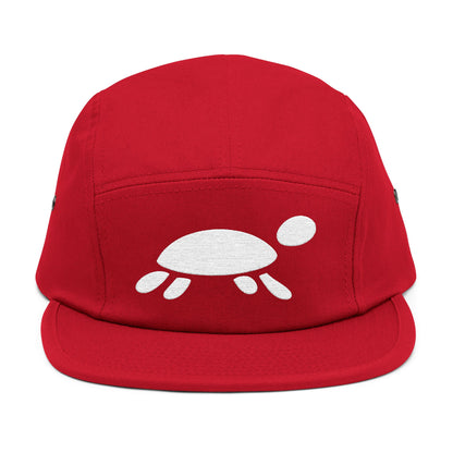 Red cap with a white turtle design on a white background. Minimalist turtle outline embroidery design for 5-panel caps by TEEZOCA