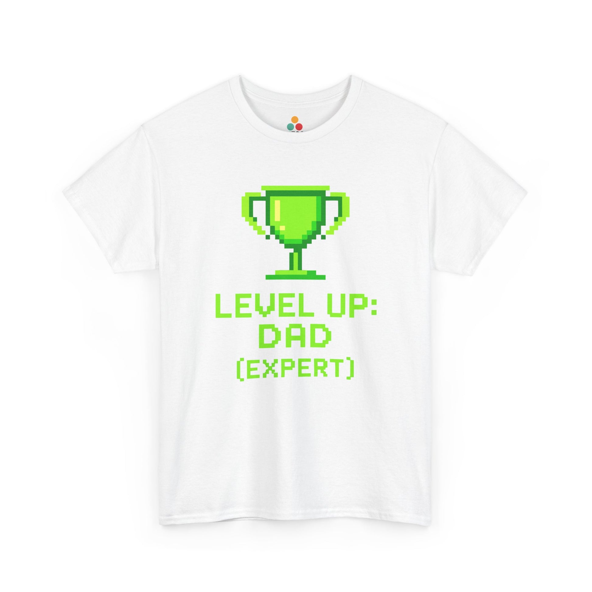 “White t‑shirt with neon green pixel trophy and text ‘LEVEL UP: DAD (EXPERT)’ centered on the chest, flat front view.”

