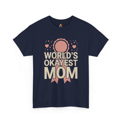 TEEZOCA navy "World's Okayest Mom" funny motherhood graphic tee displayed flat.