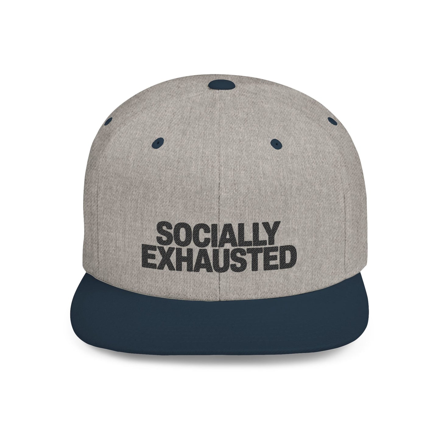 Gray cap with 'SOCIALLY EXHAusted' text on a white background