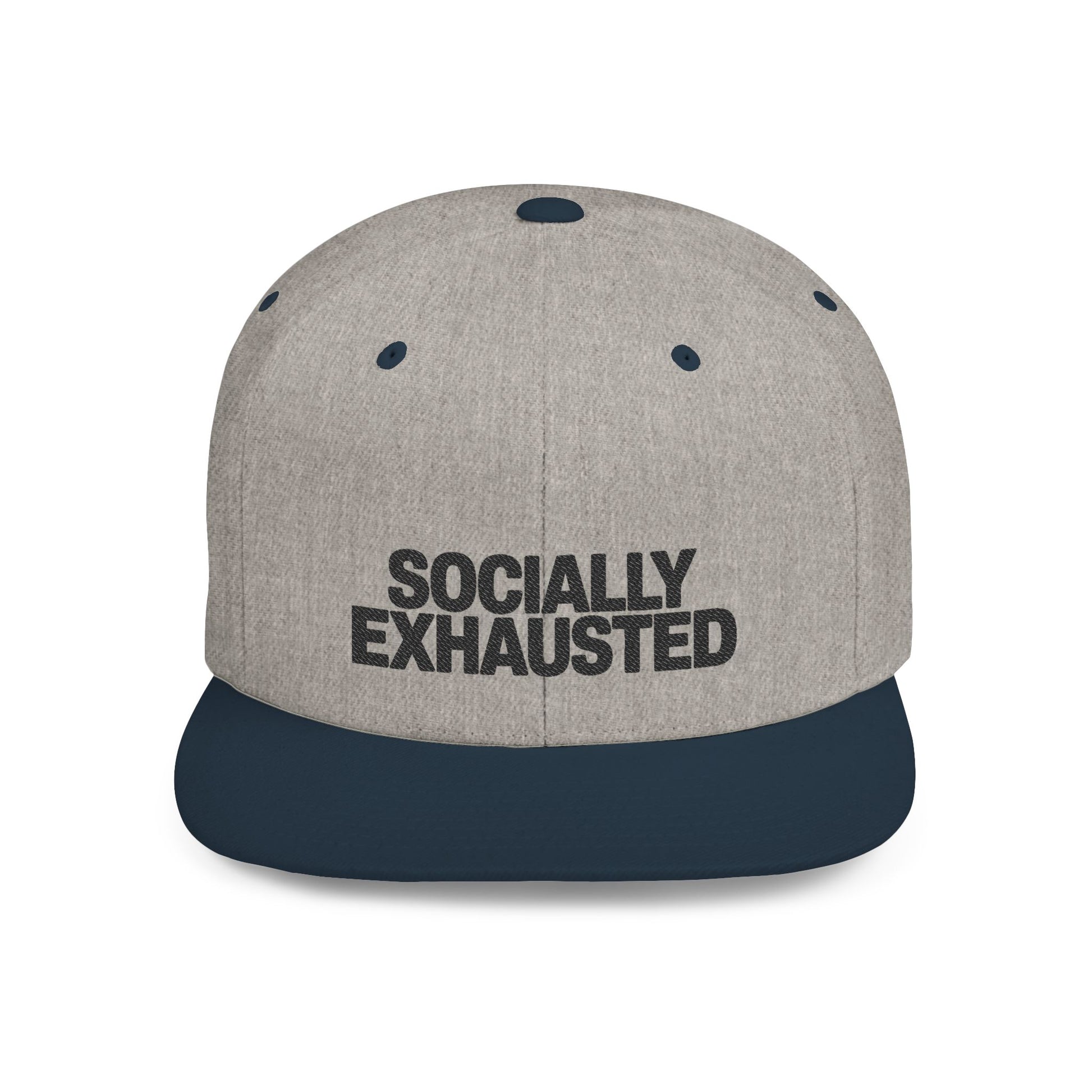 Gray cap with 'SOCIALLY EXHAusted' text on a white background