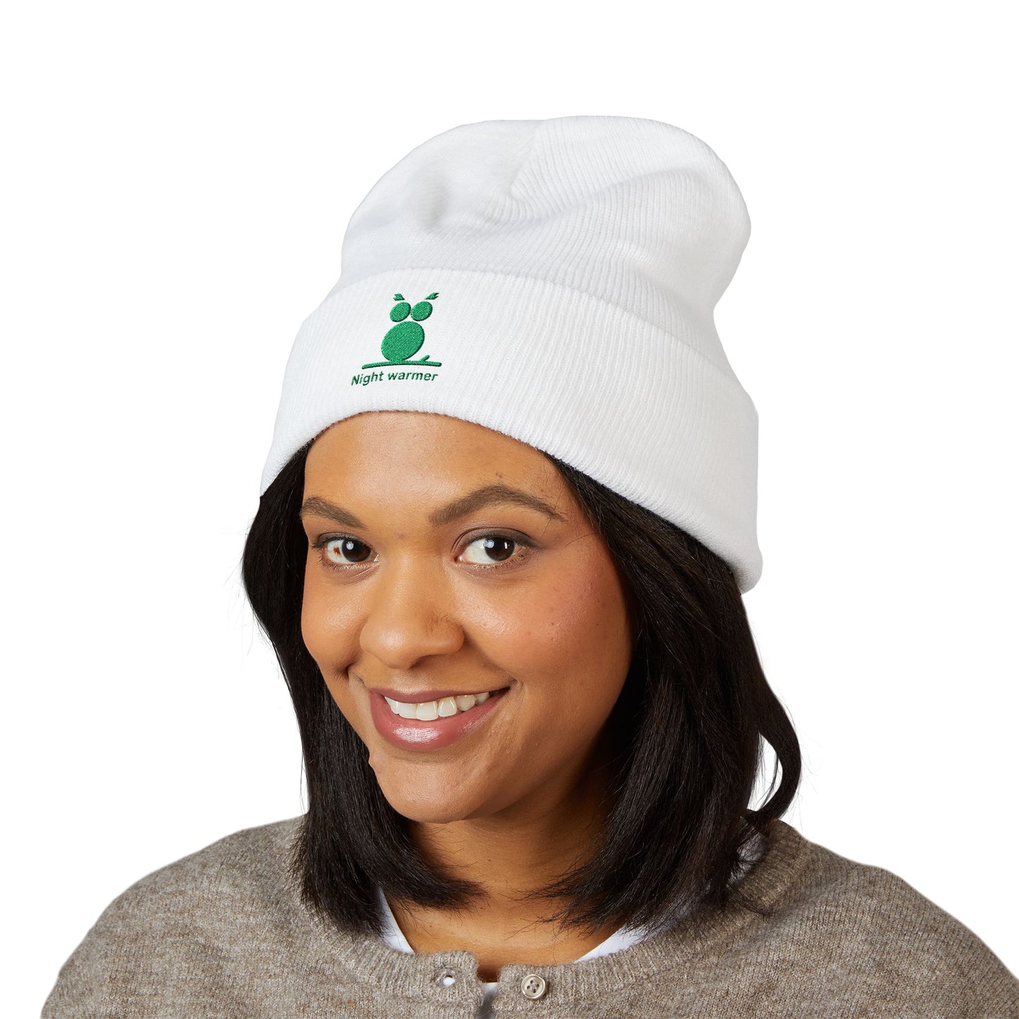 Green embroidered emblem on soft cuffed winter beanie