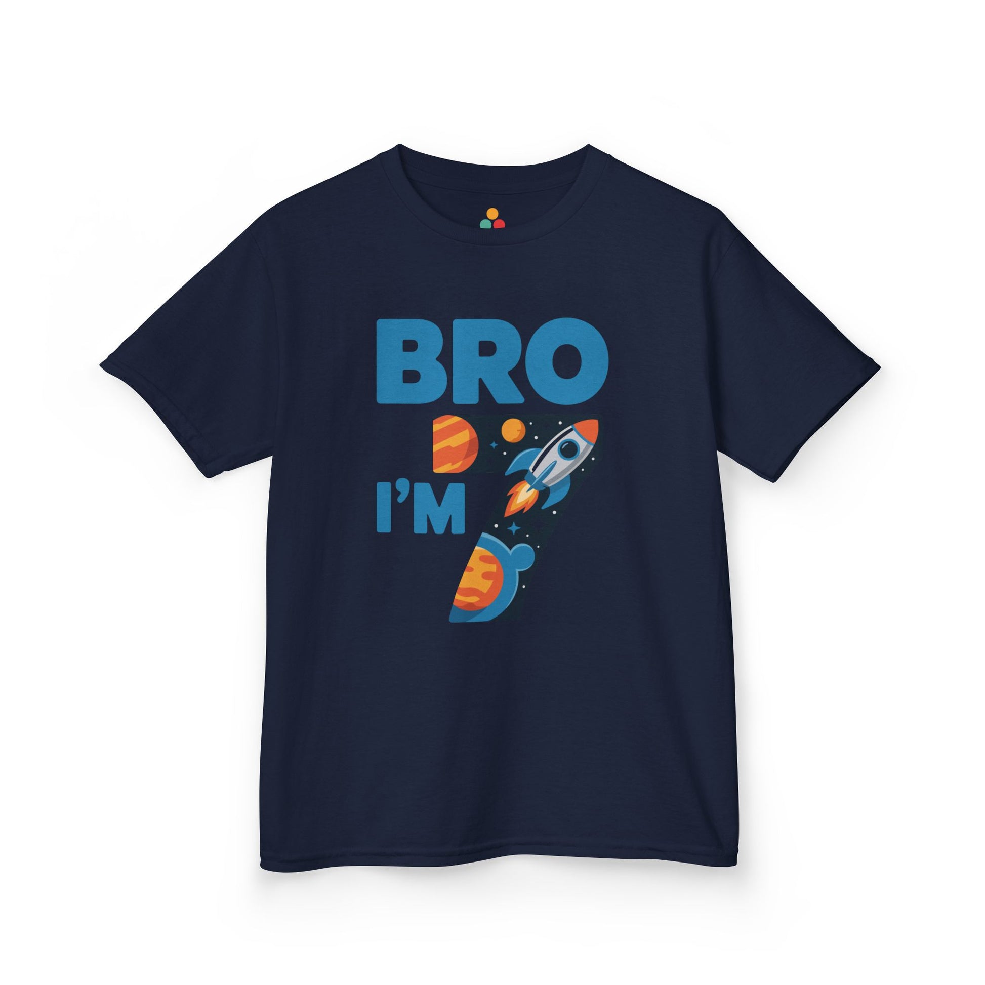 “Navy blue Level 7 Birthday gamer t-shirt, pixel 7 and controller graphics, front view.”

