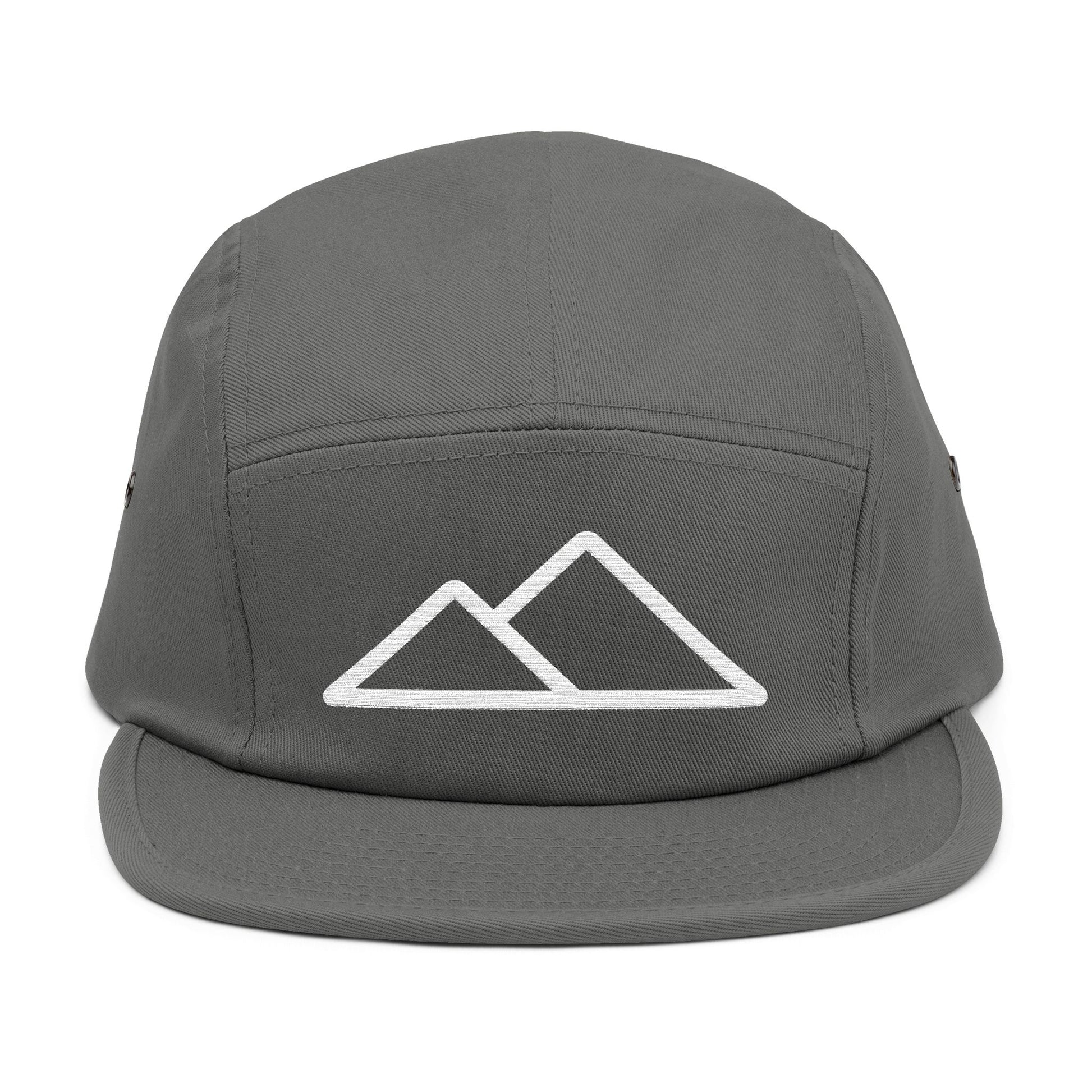 Gray cap with mountain logo on a white background. Minimal mountain outline design embroidered on a 5-panel cap. TEEZOCA