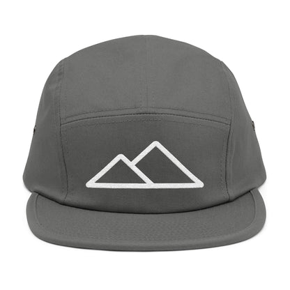 Gray cap with mountain logo on a white background. Minimal mountain outline design embroidered on a 5-panel cap. TEEZOCA