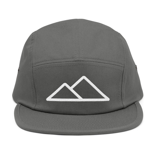 Gray cap with mountain logo on a white background. Minimal mountain outline design embroidered on a 5-panel cap. TEEZOCA