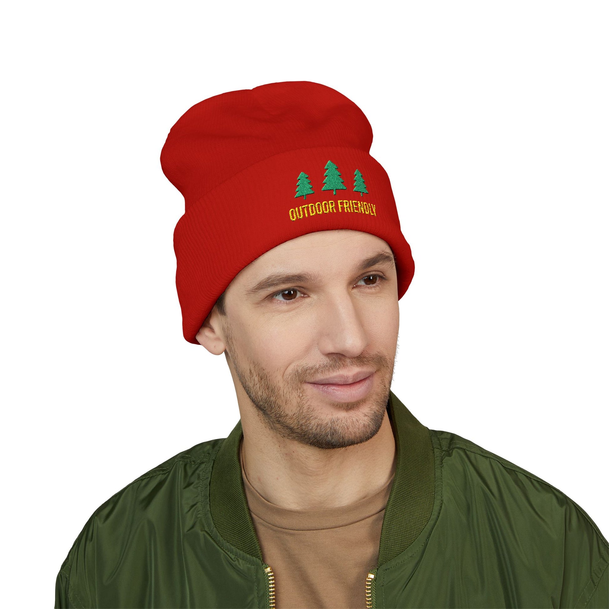 Man wearing a red beanie with 'Outdoor Friendly' text and tree graphics on a white background