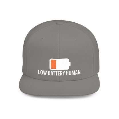 Gray cap with 'Low Battery Human' text and battery icon on a white background
