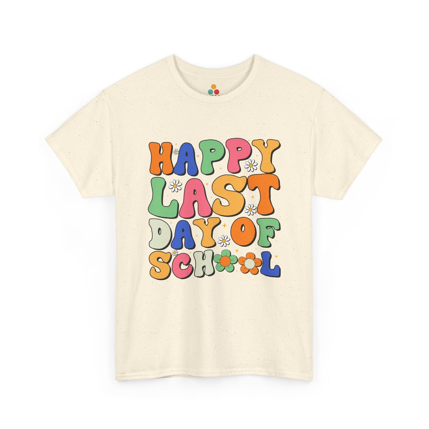 “Teezoca Happy Last Day of School t-shirt, colorful last day design, light pink tee, flat front display.”