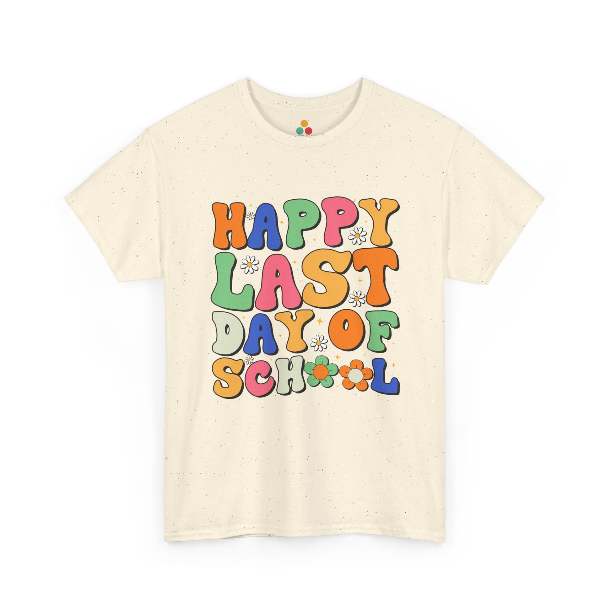 “Teezoca Happy Last Day of School t-shirt, colorful last day design, light pink tee, flat front display.”