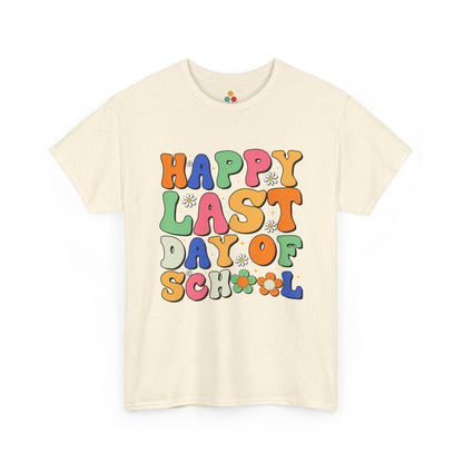 “Teezoca Happy Last Day of School t-shirt, colorful last day design, light pink tee, flat front display.”