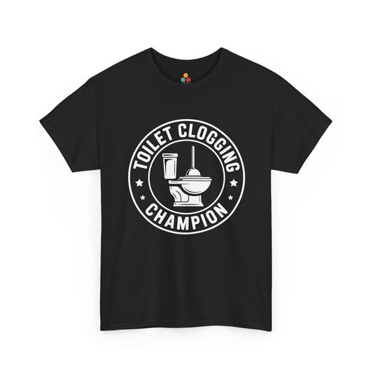 TEEZOCA black “Toilet Clogging Champion” graphic t‑shirt shown flat.