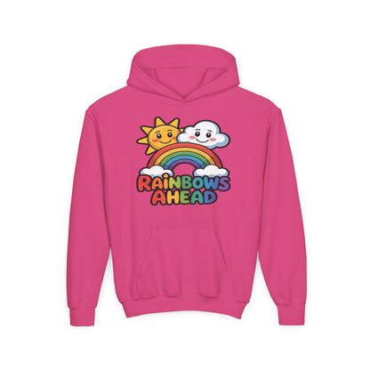 Youth Hoodie — "Rainbows Ahead" Cute Sun & Cloud Rainbow Kids Sweatshirt TEEZOCA
