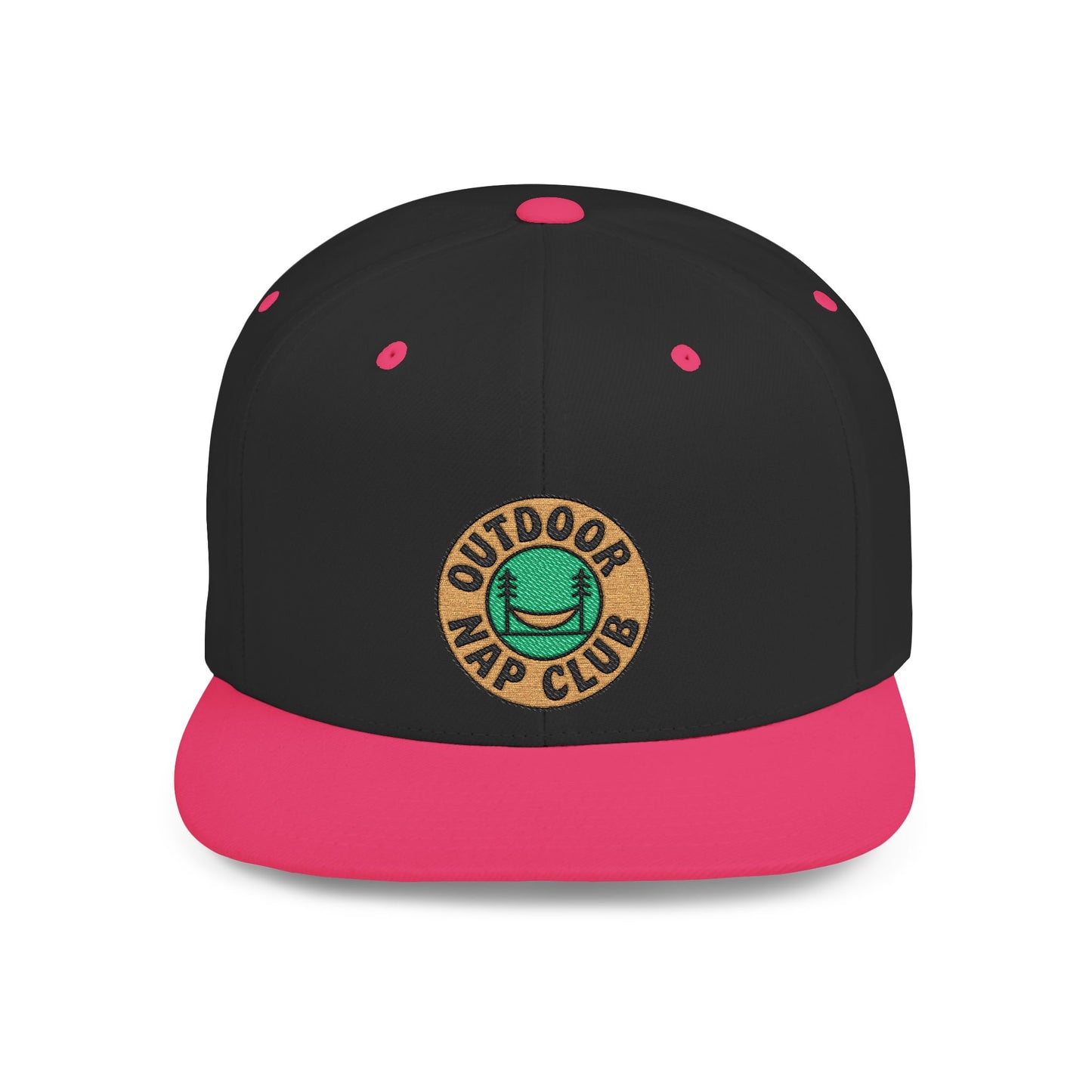 Black and pink cap with 'Outdoor Nap Club' logo on a white background
