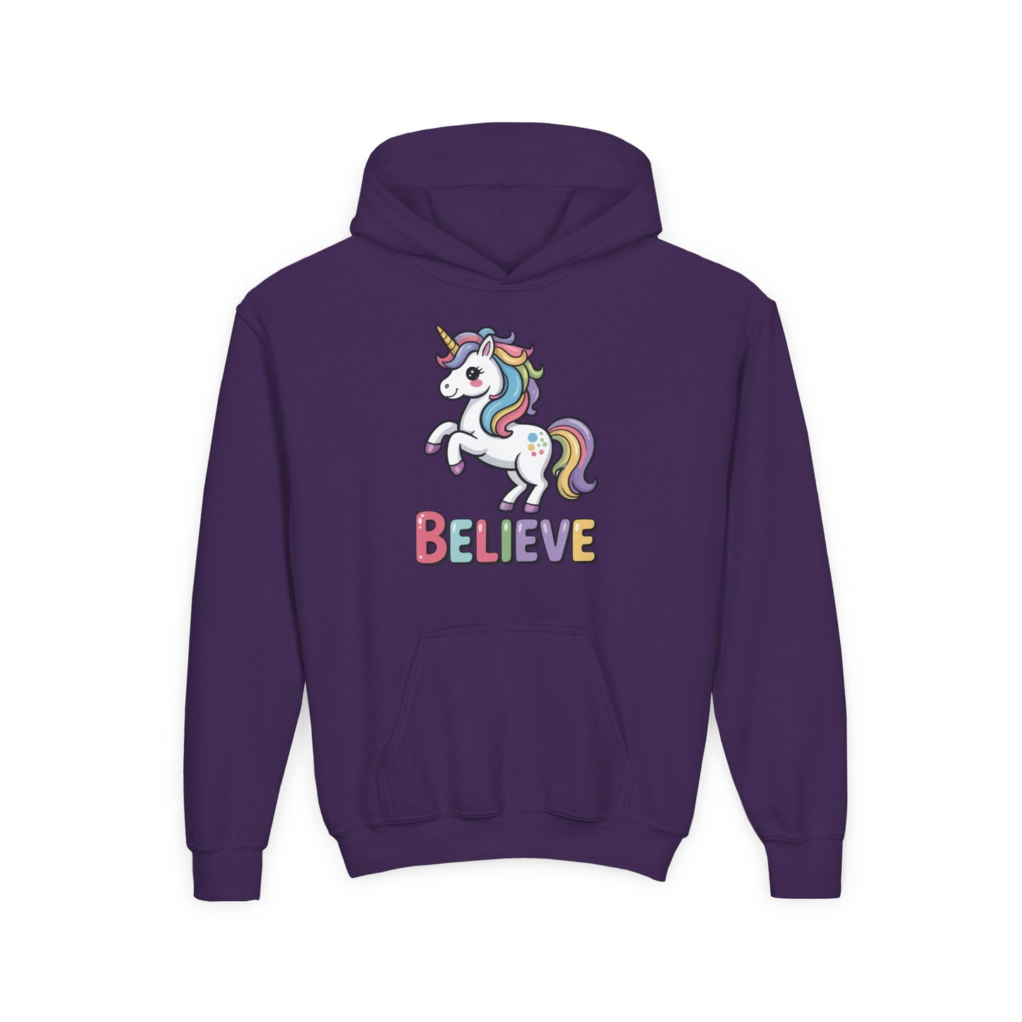 Youth DTG hoodie featuring cute unicorn illustration and Believe message TEEZOCA