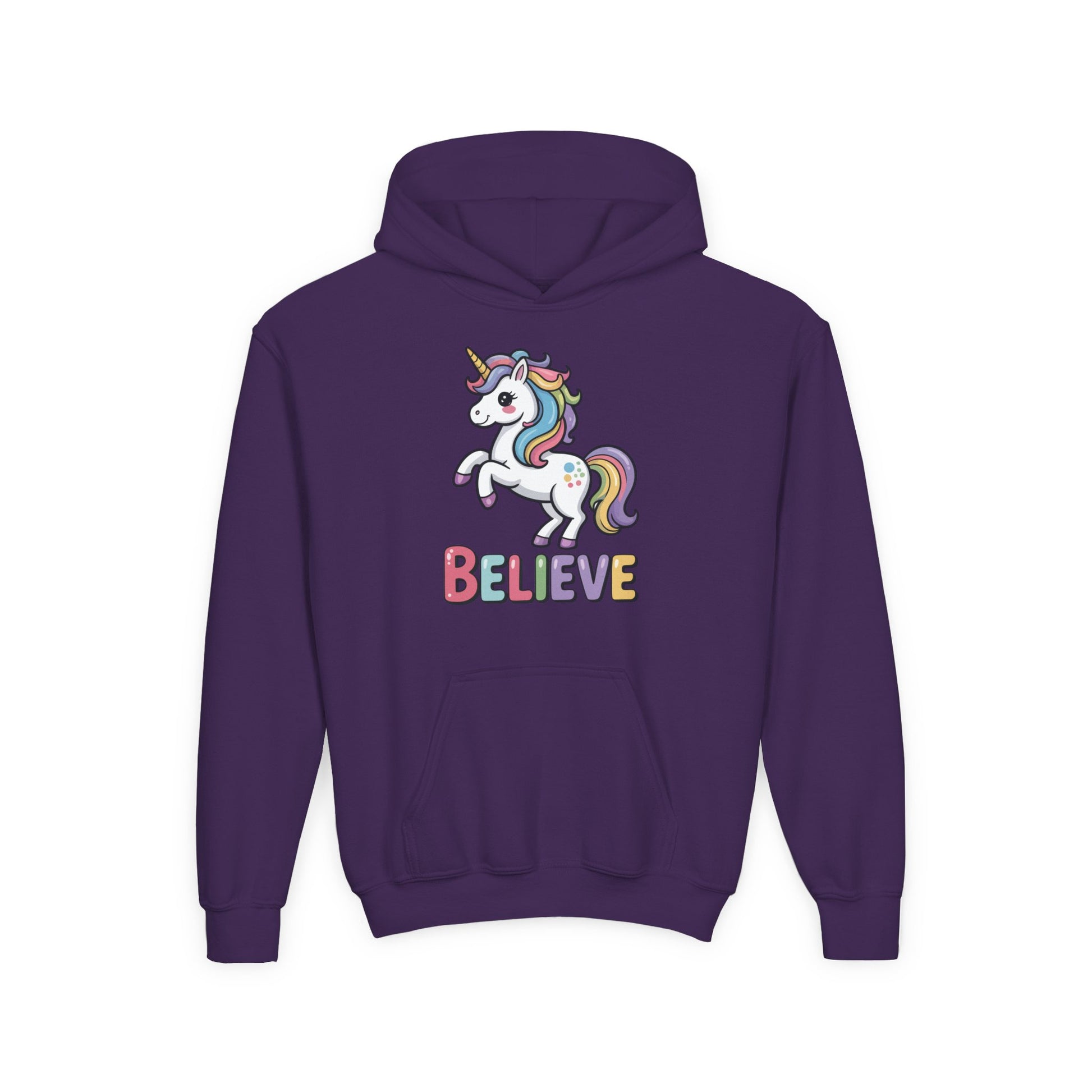 Youth DTG hoodie featuring cute unicorn illustration and Believe message TEEZOCA