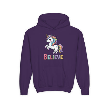 Youth DTG hoodie featuring cute unicorn illustration and Believe message TEEZOCA