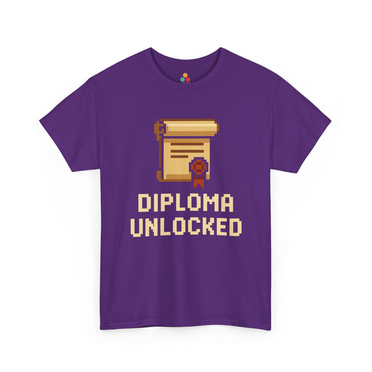 Purple t-shirt with 'Diploma Unlocked' graphic and text on a white background