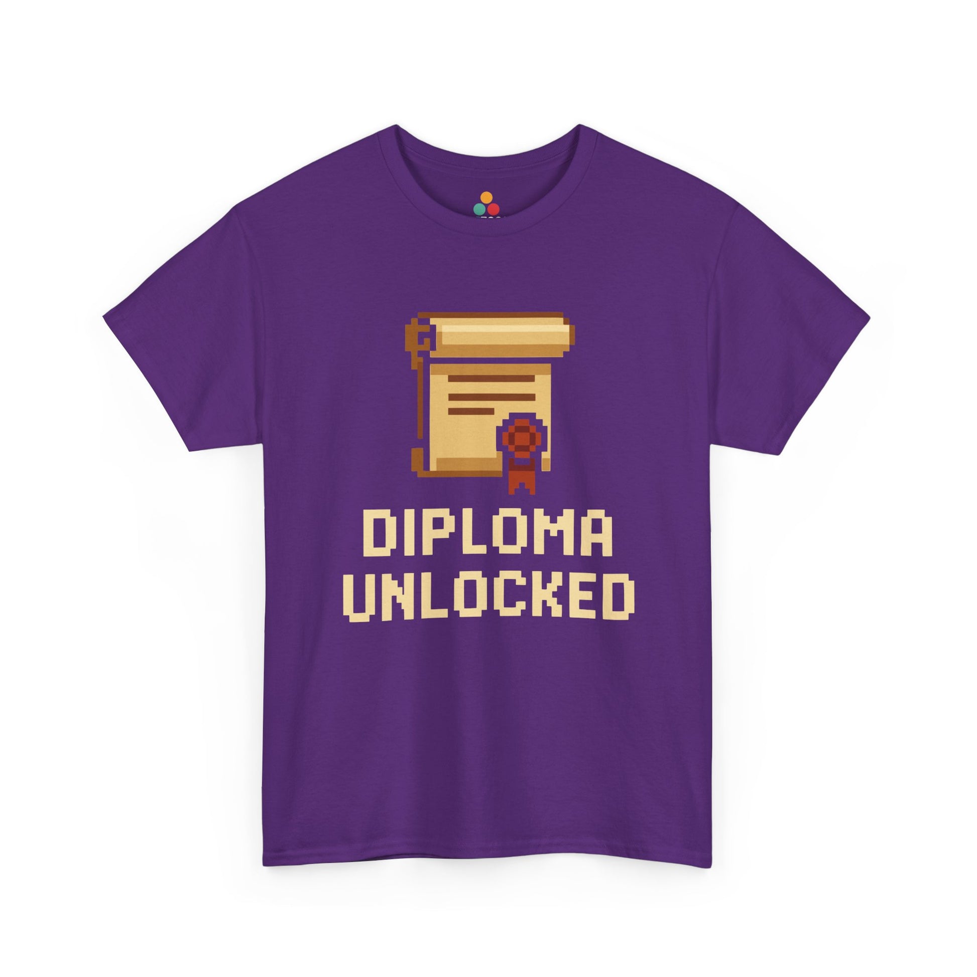 Purple t-shirt with 'Diploma Unlocked' graphic and text on a white background