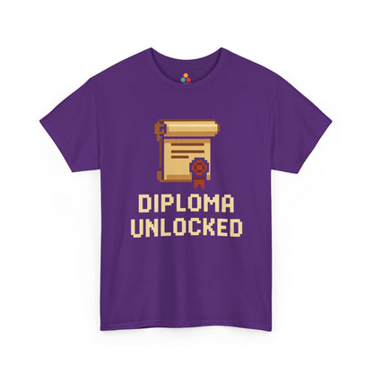 Purple t-shirt with 'Diploma Unlocked' graphic and text on a white background