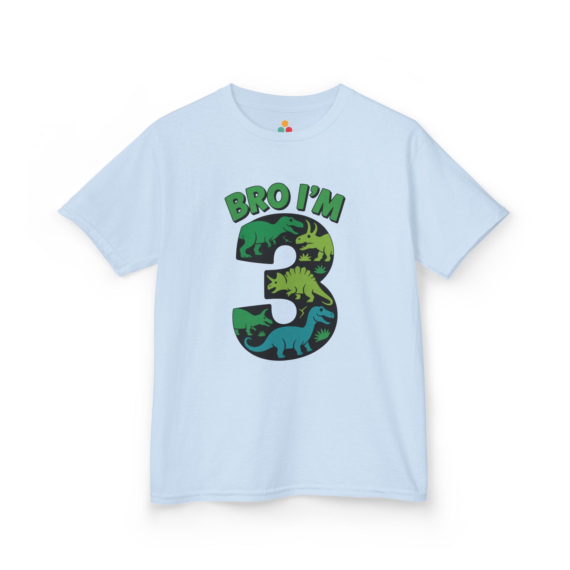 "Light gray unisex kids 'Bro I'm 3' tee with colorful dinosaur number design, flat display."

