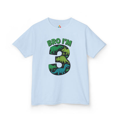 "Light gray unisex kids 'Bro I'm 3' tee with colorful dinosaur number design, flat display."

